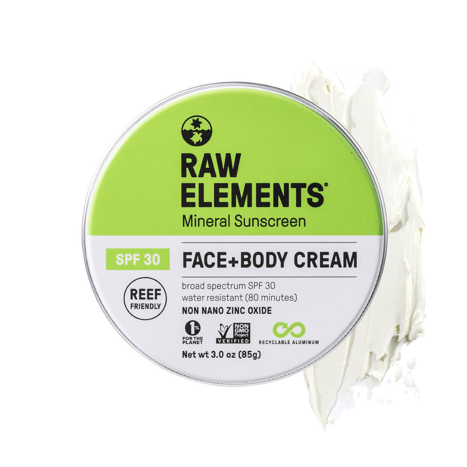 Raw Elements tin front packaging showing brand and SPF 30 protection