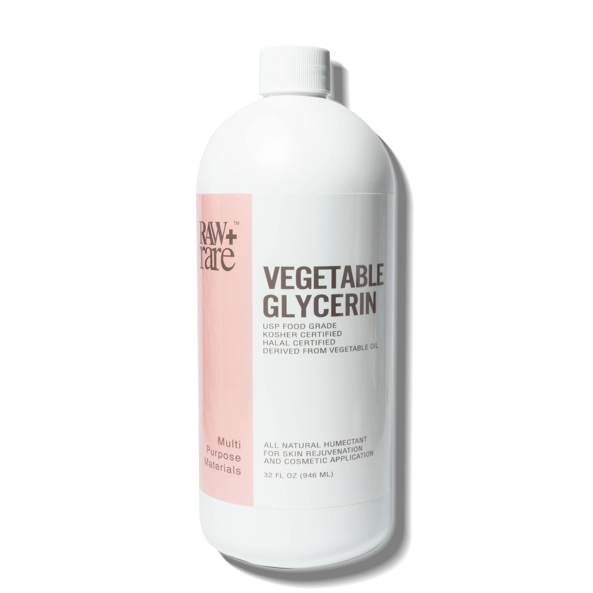 Raw Plus Rare label close-up highlighting USP food and cosmetic grade benefits
