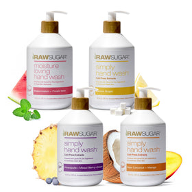 RAW SUGAR bundle front packaging showing four scented bottles and benefit of variety
