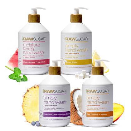 RAW SUGAR bundle front packaging showing four scented bottles and benefit of variety