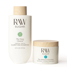 RAW SUGAR duo front packaging showing both shampoo and mask for balanced hair care