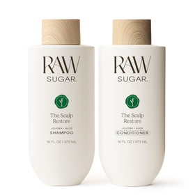 RAW SUGAR front packaging showing the Scalp Restore duo and clear benefit