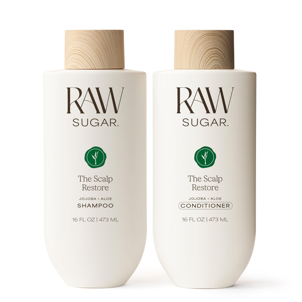 RAW SUGAR front packaging showing the Scalp Restore duo and clear benefit