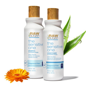 RAW SUGAR front packaging showing shampoo and conditioner for gentle care