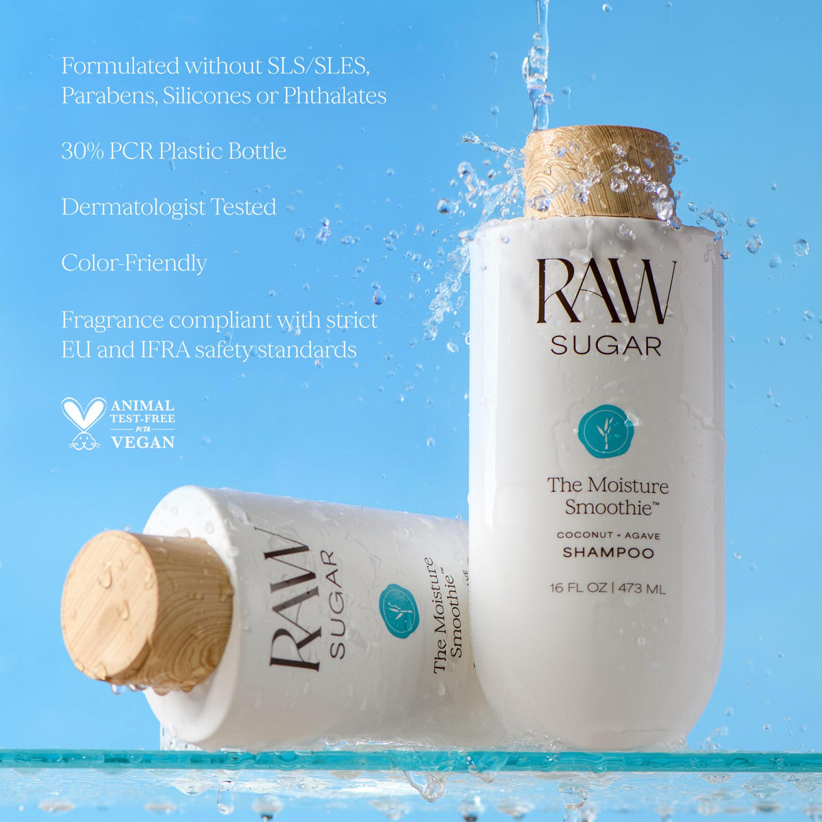 RAW SUGAR hand applying shampoo to wet hair showing improved manageability