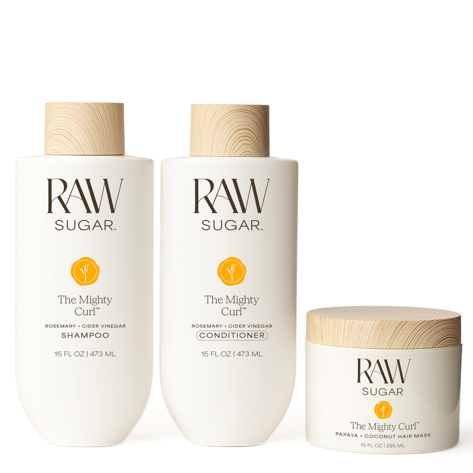 Raw Sugar front packaging showing full mighty curl bundle, highlights clean ingredients