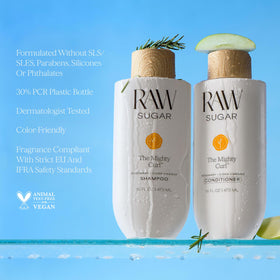 Raw Sugar products used in shower on curly hair, illustrates curl definition result