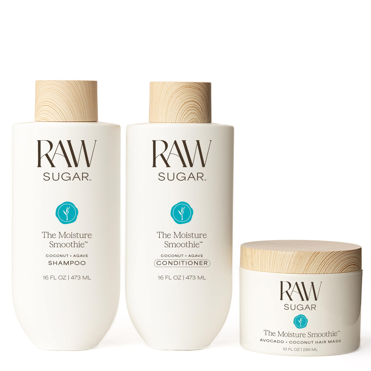 RAW SUGAR front packaging trio showing hydrated hair benefits