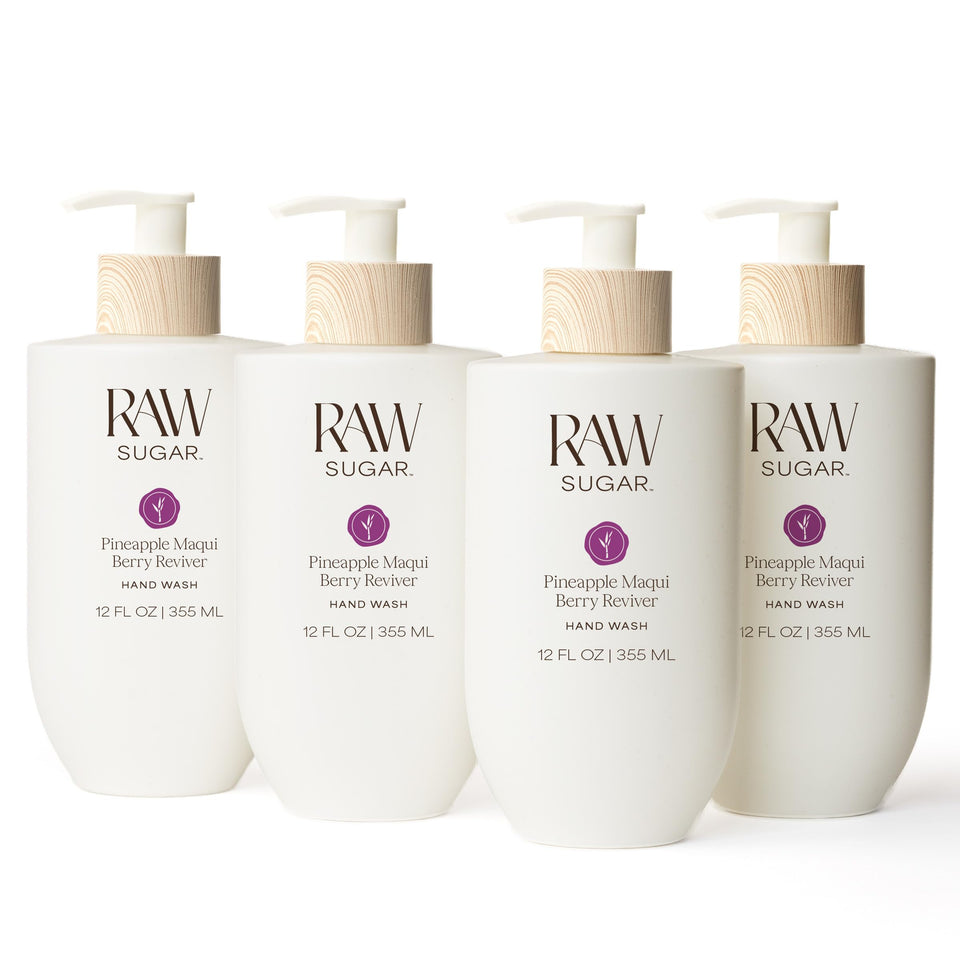 RAW SUGAR front packaging showing four bottles and vibrant label, highlights value