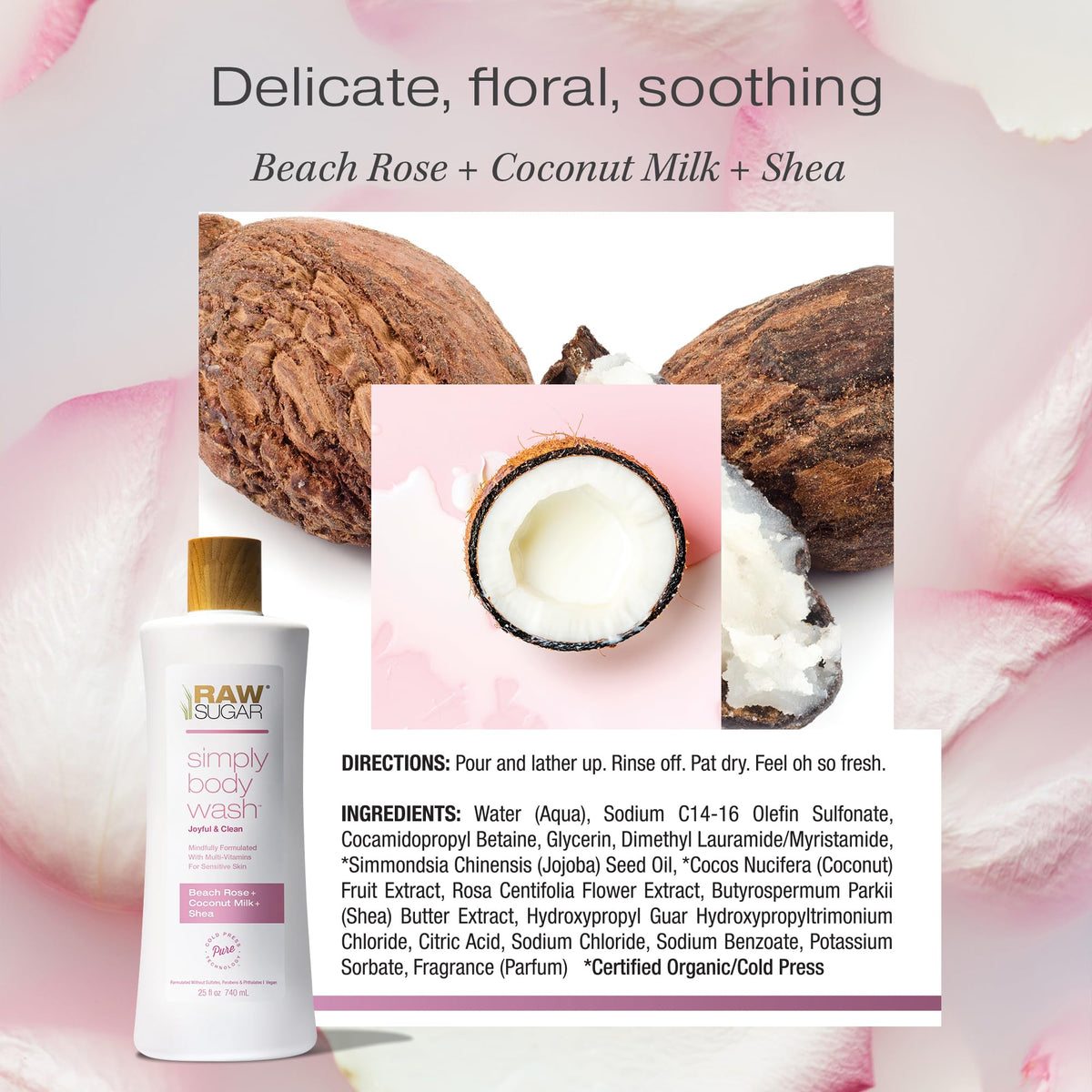 RAW SUGAR in shower setting conveying soothing, everyday use