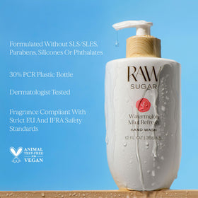 RAW SUGAR size comparison with hand to show 12 fl oz scale and portability