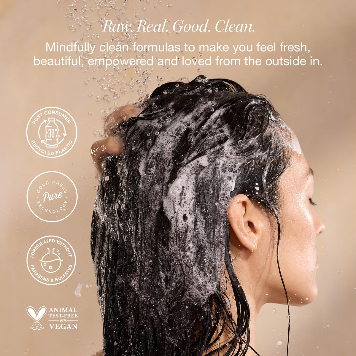 RAW SUGAR in-shower lifestyle image showing calming routine and scalp comfort