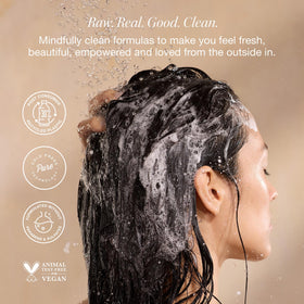 RAW SUGAR in-shower lifestyle image showing calming routine and scalp comfort