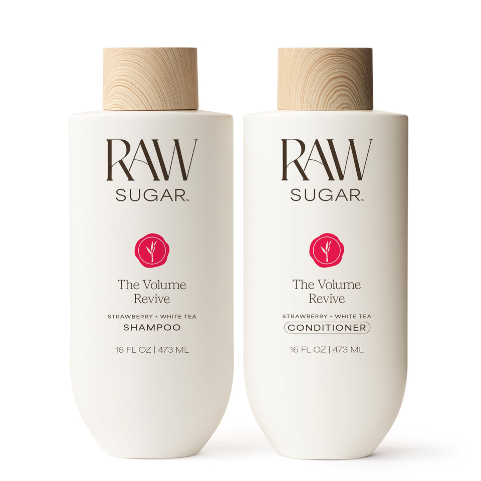 RAW SUGAR front packaging showing volumizing duo and benefits