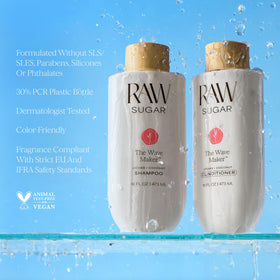 RAW SUGAR duo on a bathroom shelf conveying a stylish, fragrance-filled routine