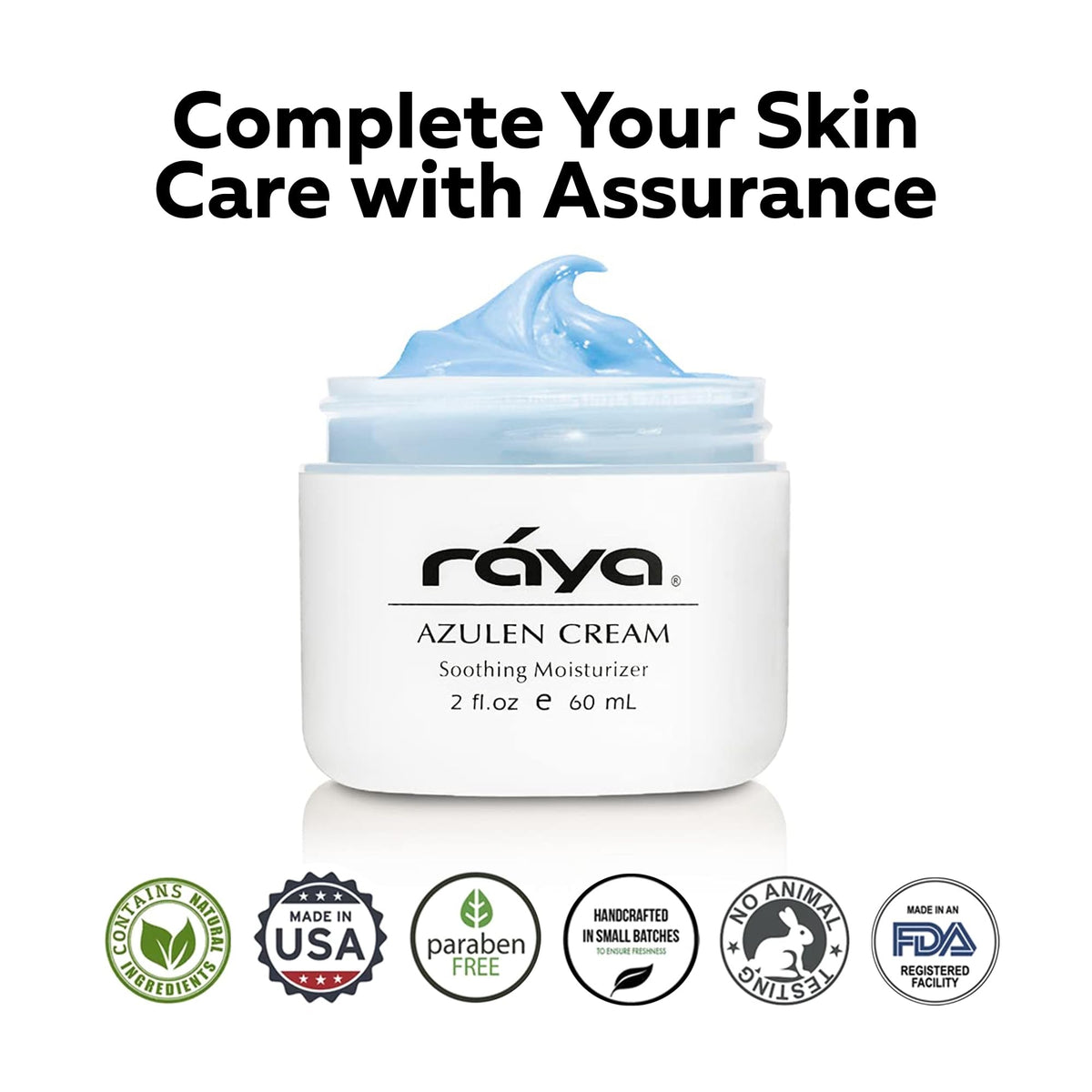 Raya ingredient label highlighting azulene and aloe vera for soothing benefits