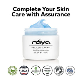 Raya ingredient label highlighting azulene and aloe vera for soothing benefits