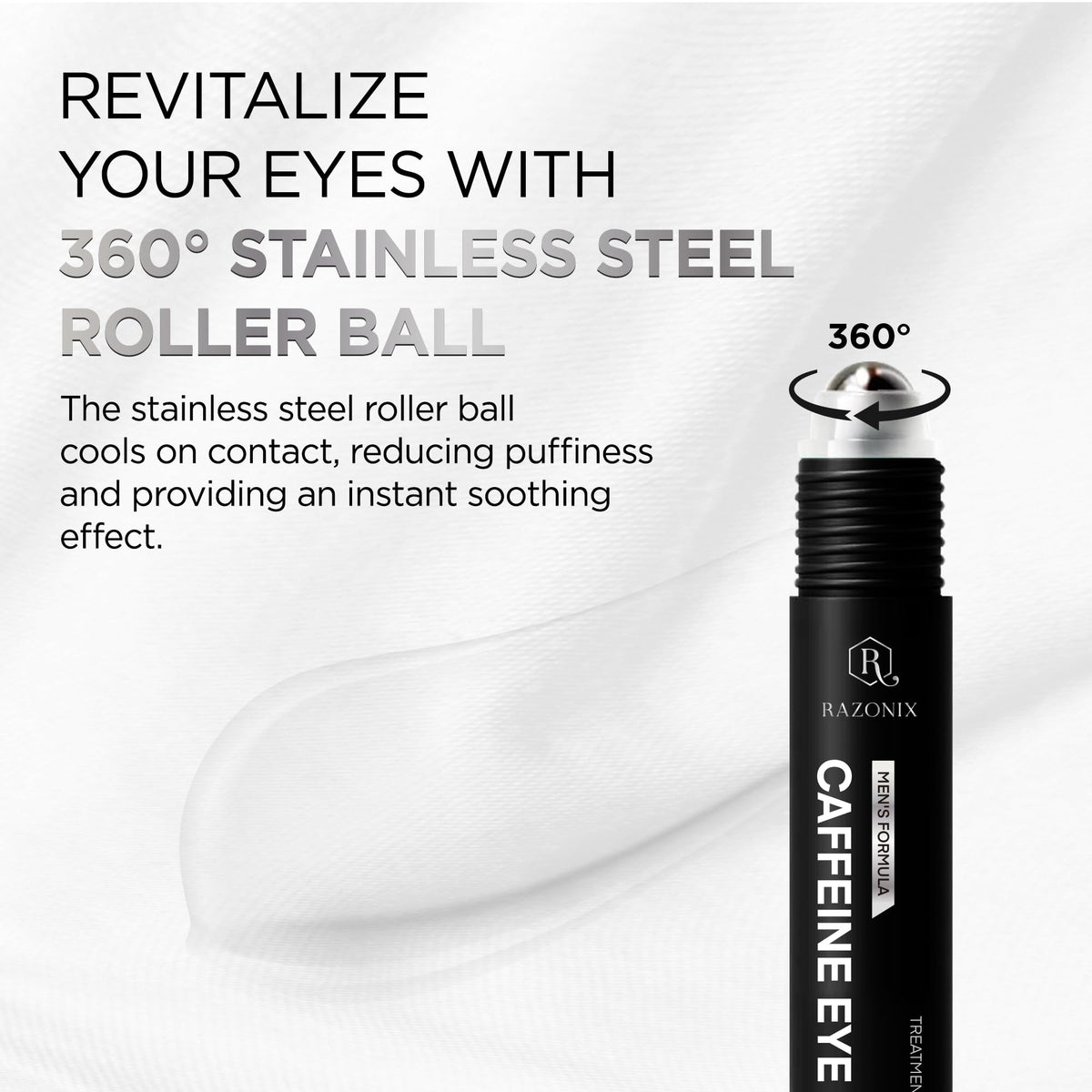 RAZONIX close-up of stainless steel roller applicator delivering cooling contact and gentle massage