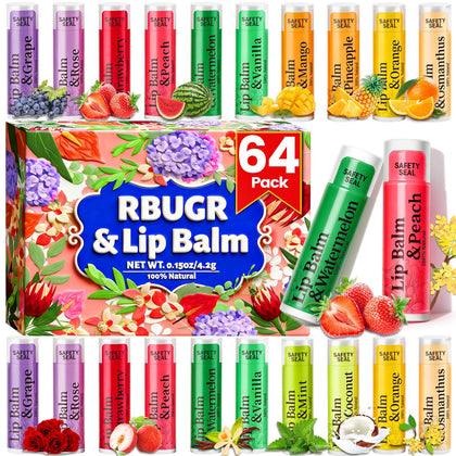 RBUGR front packaging showing 64-piece bulk lip balm set and flavor variety