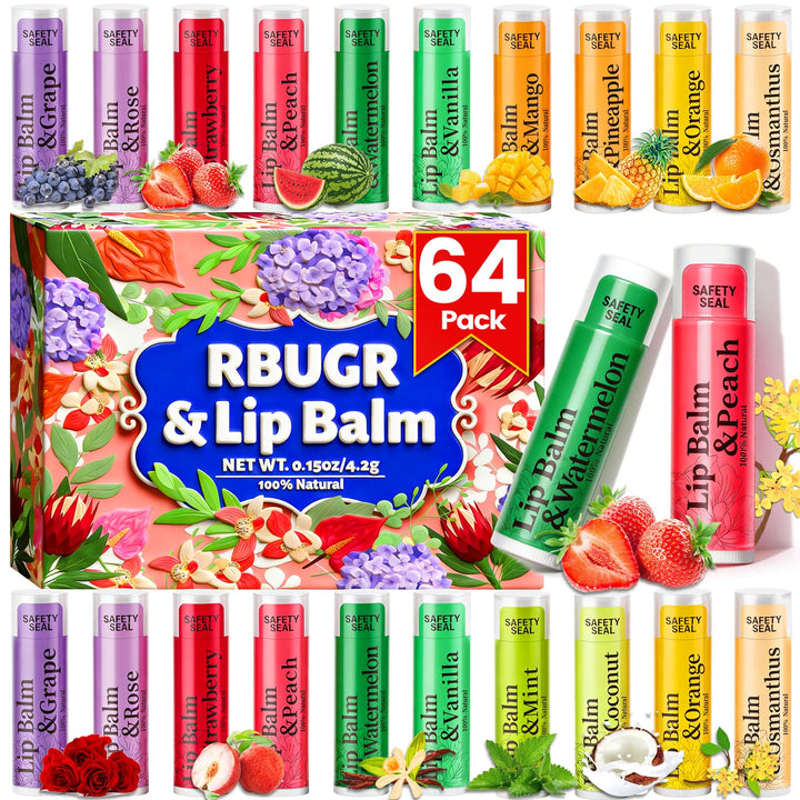 RBUGR front packaging showing 64-piece bulk lip balm set and flavor variety
