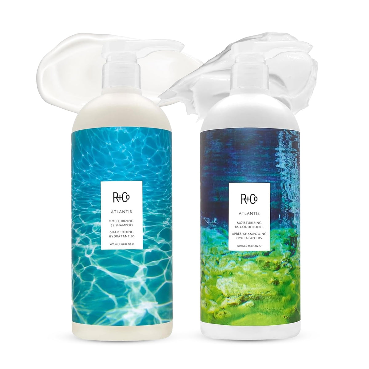 R+Co Atlantis front packaging showing both shampoo and conditioner for hydration