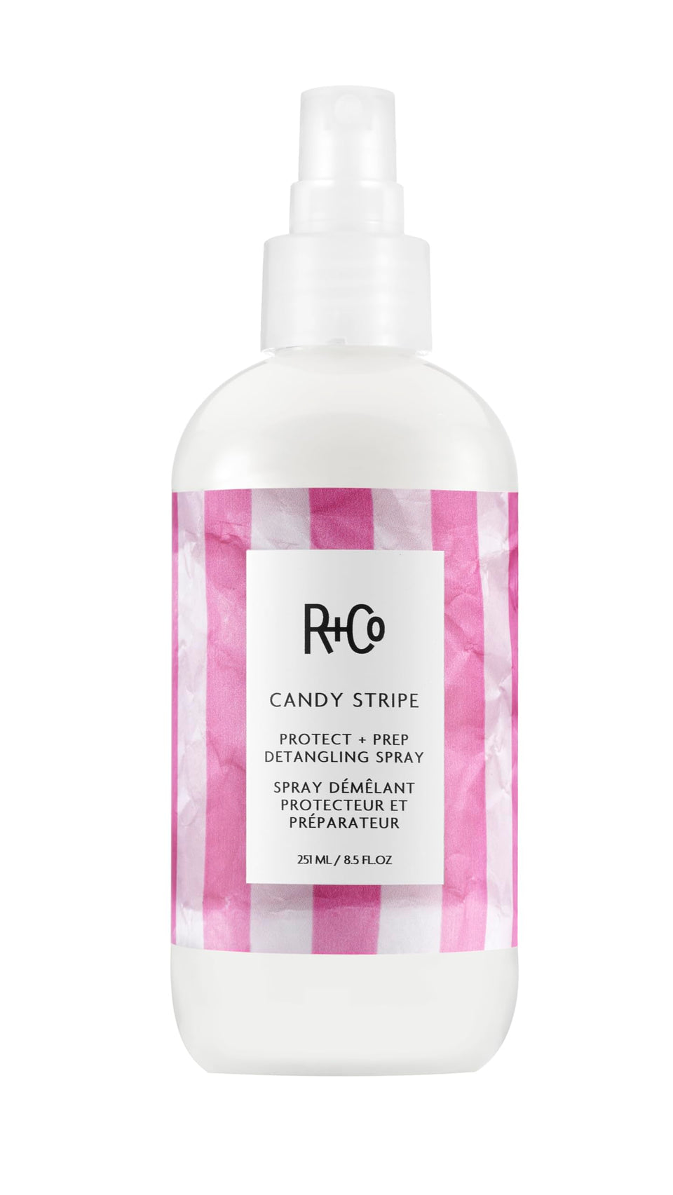 R+Co Candy Stripe front bottle view showing clean branding and compact benefit