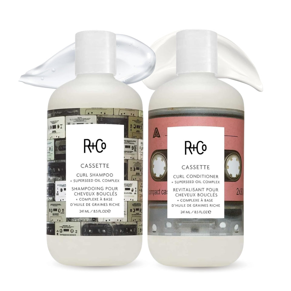 R+Co Cassette front packaging showing bottles and sample, highlighting benefits