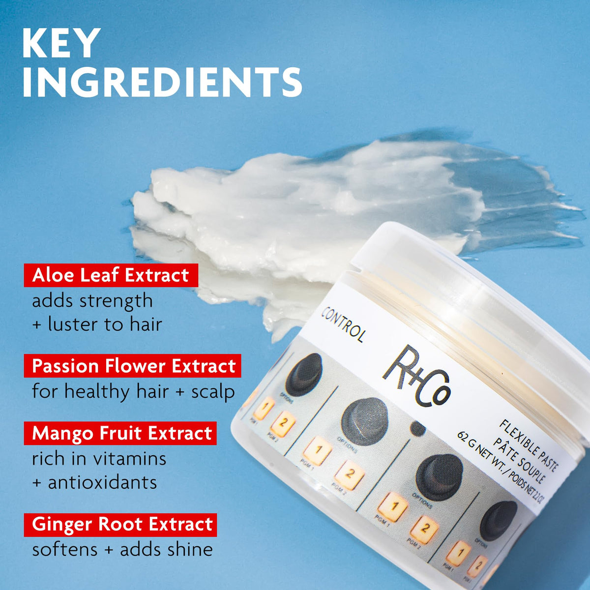 R+Co Control Flexible Paste applied on fingers ready for styling and flexible hold