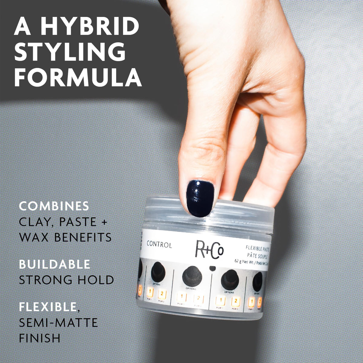 R+Co Control Flexible Paste with mango and ginger highlighting nourishing benefits