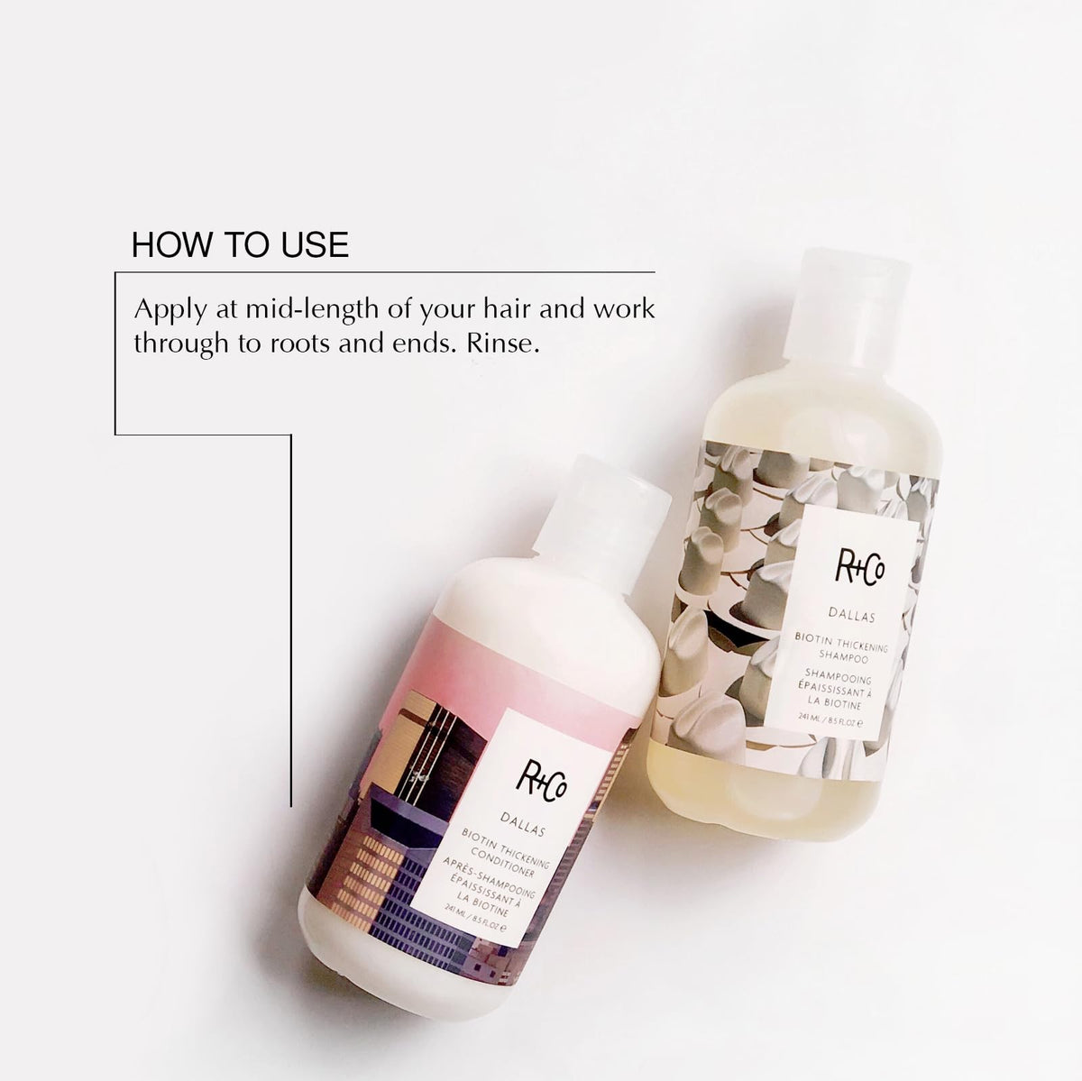 R+Co Dallas label close-up highlighting Dark Waves scent and clean formula benefits