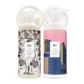 R+Co Dallas front packaging showing duo and scent, promoting volumizing benefits