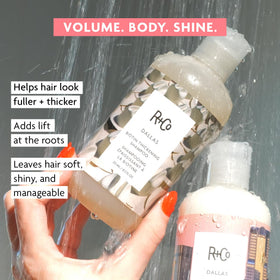 R+Co Dallas bottle next to common items to show size and portable benefit