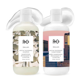 R+Co Dallas front packaging showing both 8.5 oz bottles and benefit of volume