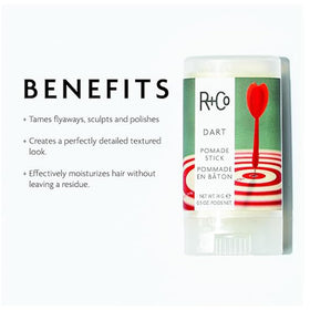 R+Co Dart Pomade Stick opened with solid wax stick visible for precise application