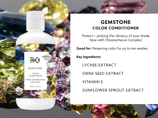 R+Co Gemstone conditioner being dispensed, seals cuticle for smoother ends