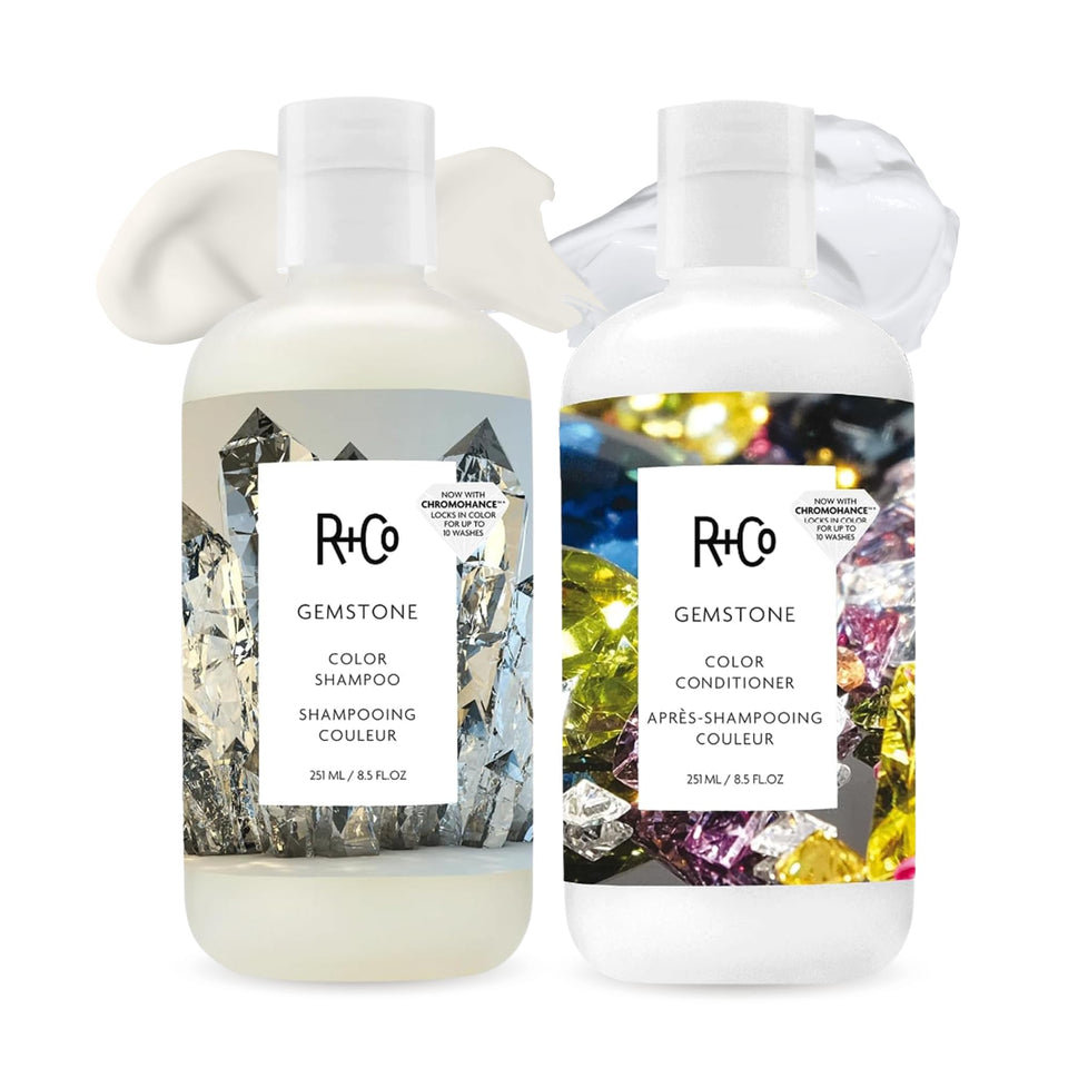 R+Co Gemstone front packaging showing dual 8.5 oz bottles and sample, protects color