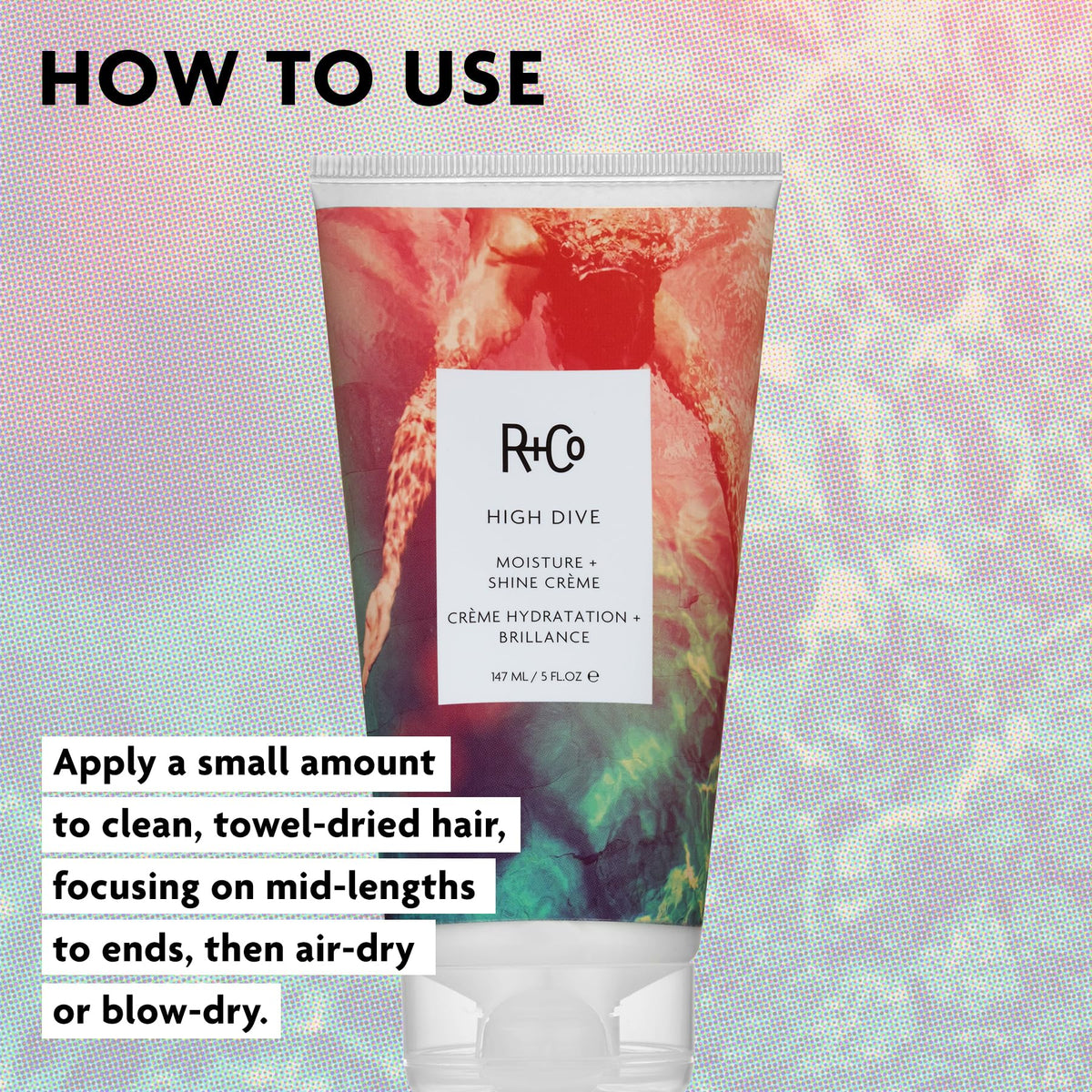 R+Co High Dive ingredients panel label illustrating key humectants and vegan formulation
