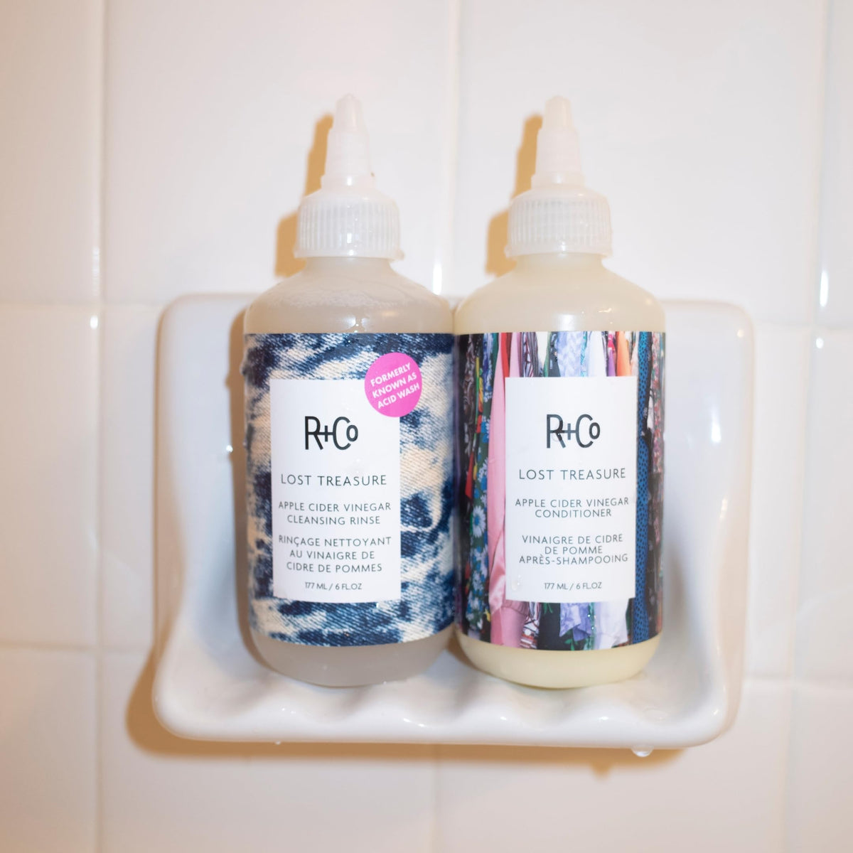 R+Co rinse in shower use on wet hair showing effective buildup removal