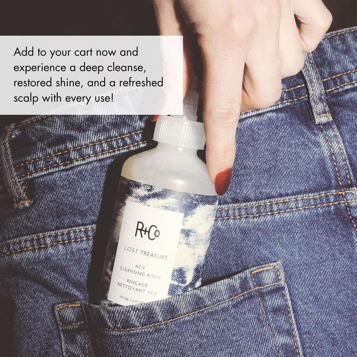 R+Co product styled in bathroom setting suggesting salon-quality shine