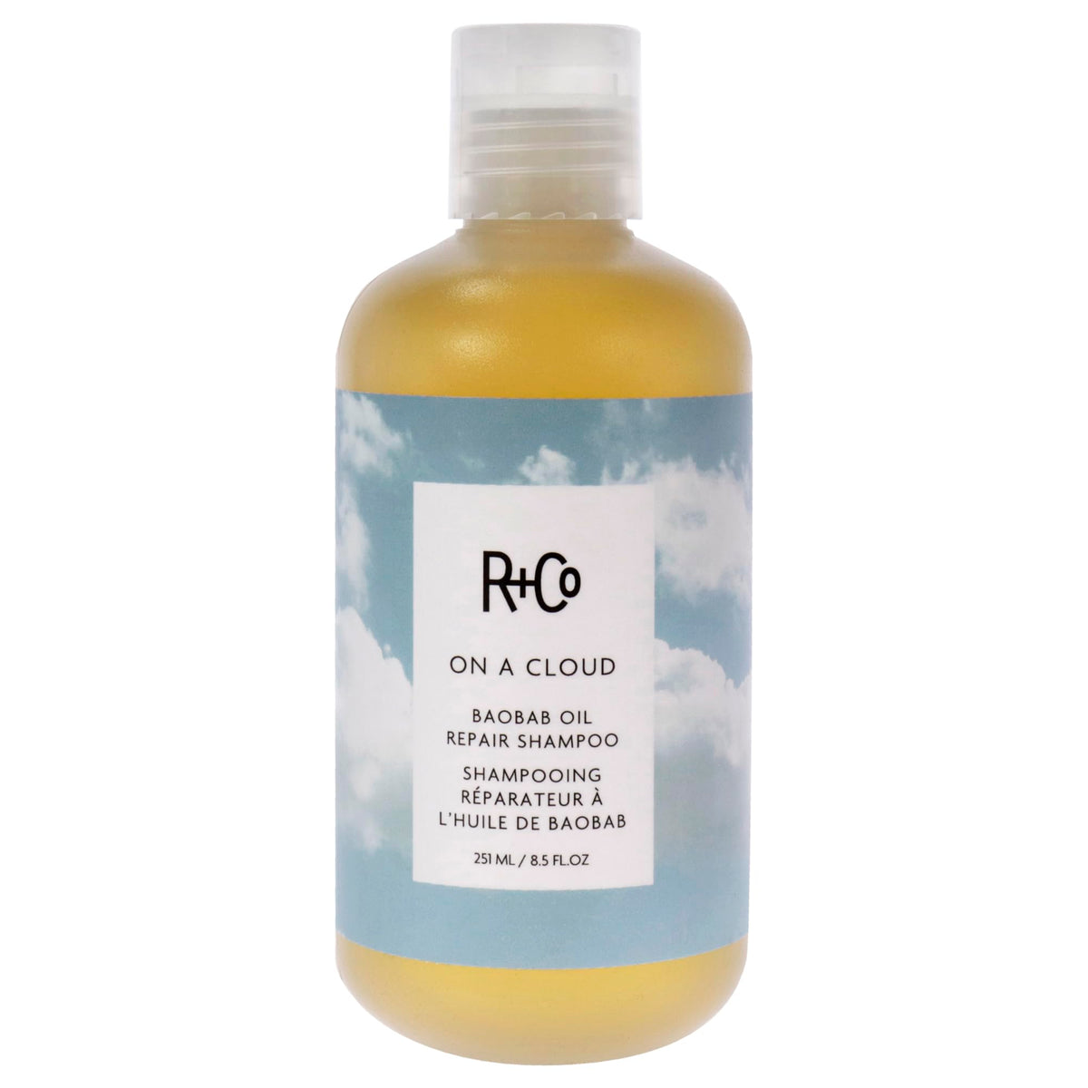 R+Co bottle front packaging showing product and luxe design benefits