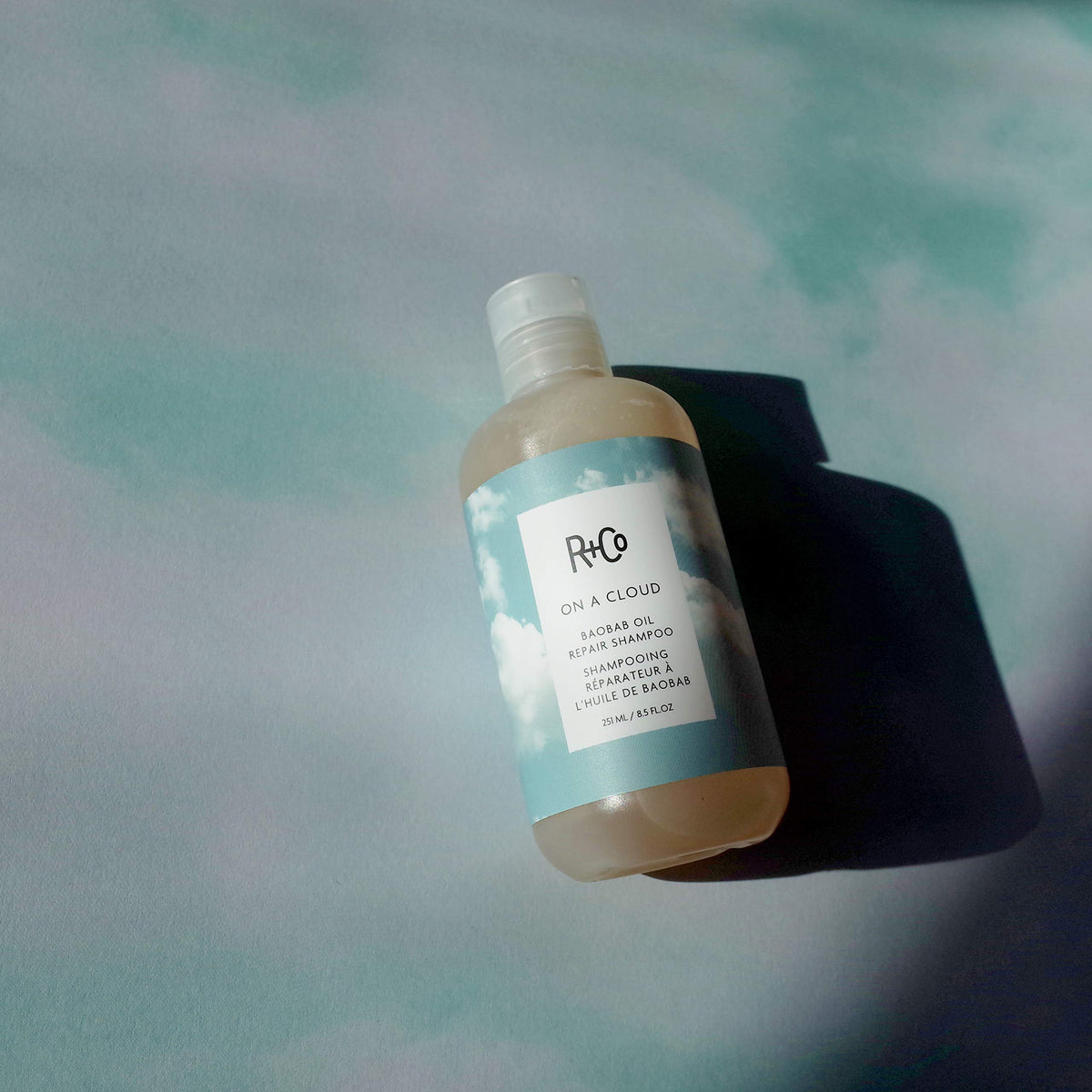 R+Co bottle held in hand for scale demonstrating convenient 251 ml size