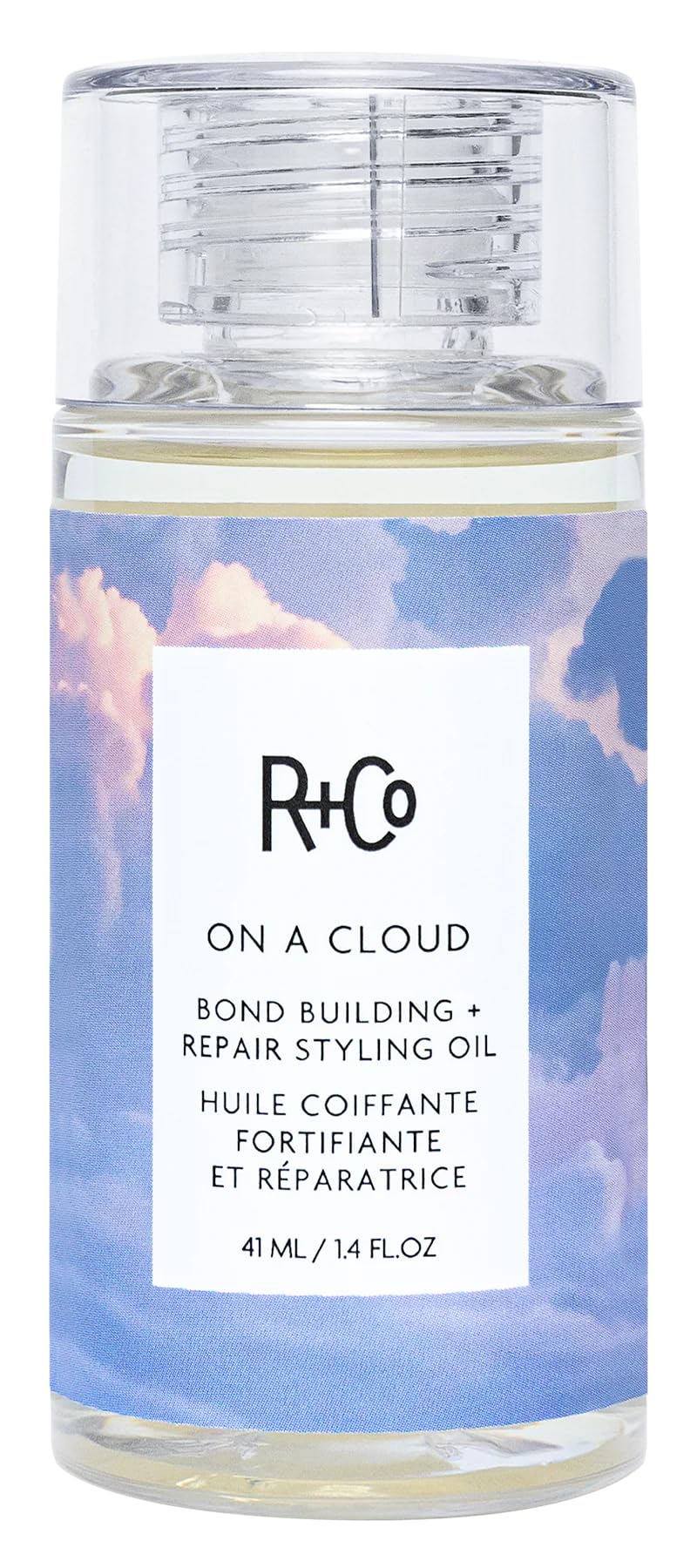 R+Co bottle front view showing label and compact travel-size benefit