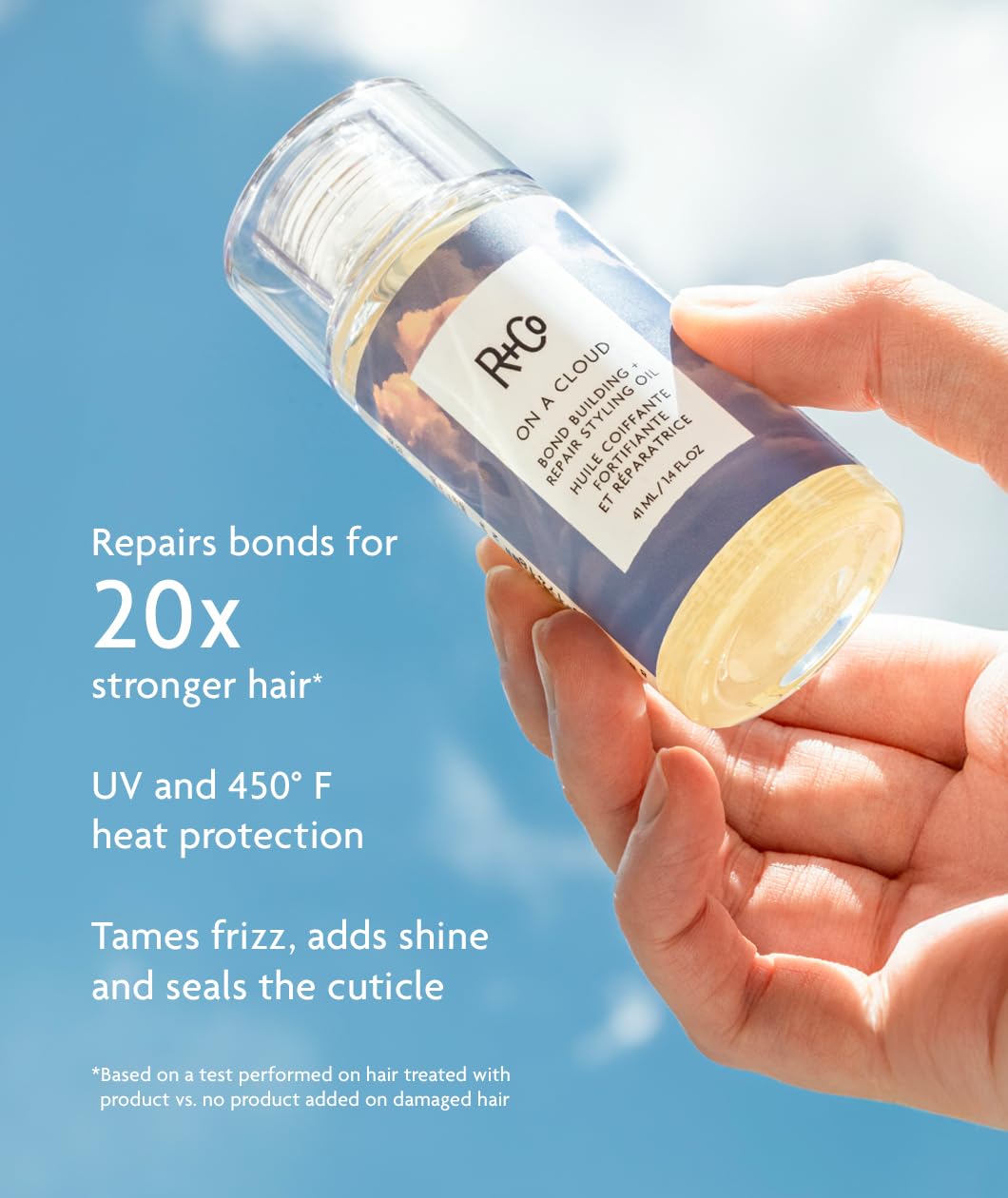 R+Co oil texture close-up highlighting lightweight sheen for smooth hair