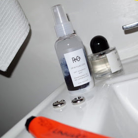 Botanical ingredients beside bottle emphasizing R+Co moisturizing benefit