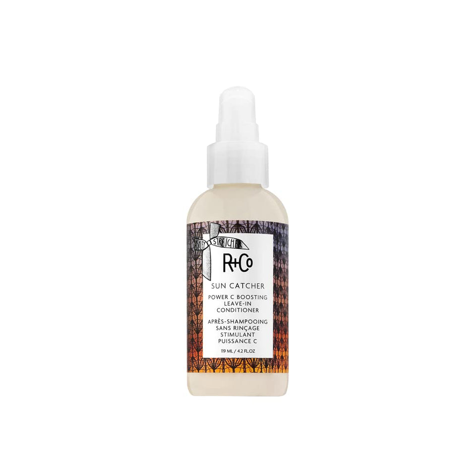 R+Co Sun Catcher front bottle showing label and size, communicates lightweight protection