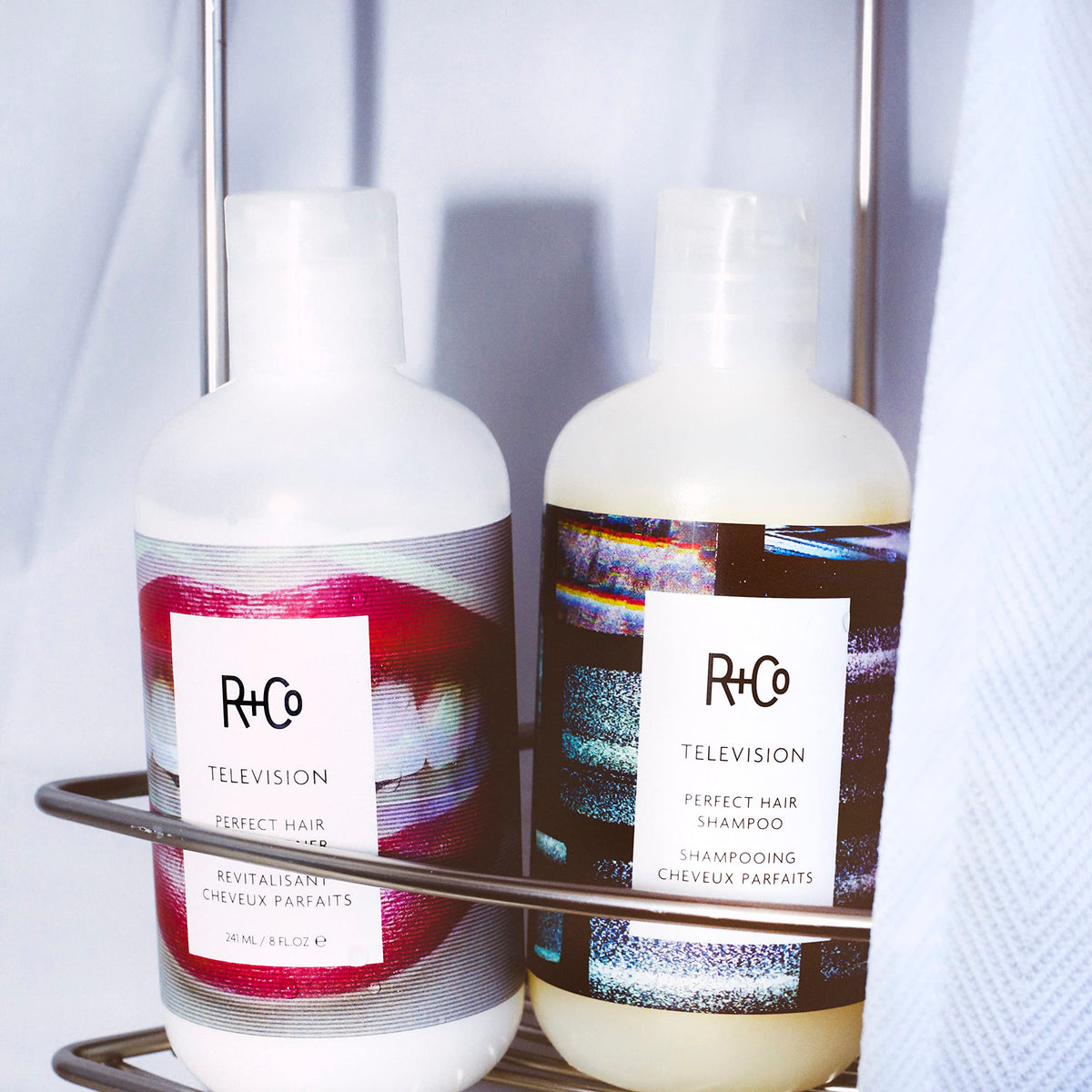 R+Co Television conditioner label close-up showing key botanical ingredients