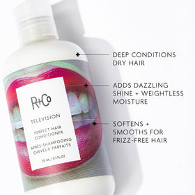 R+Co Television conditioner texture close-up highlighting creamy, lightweight emulsion