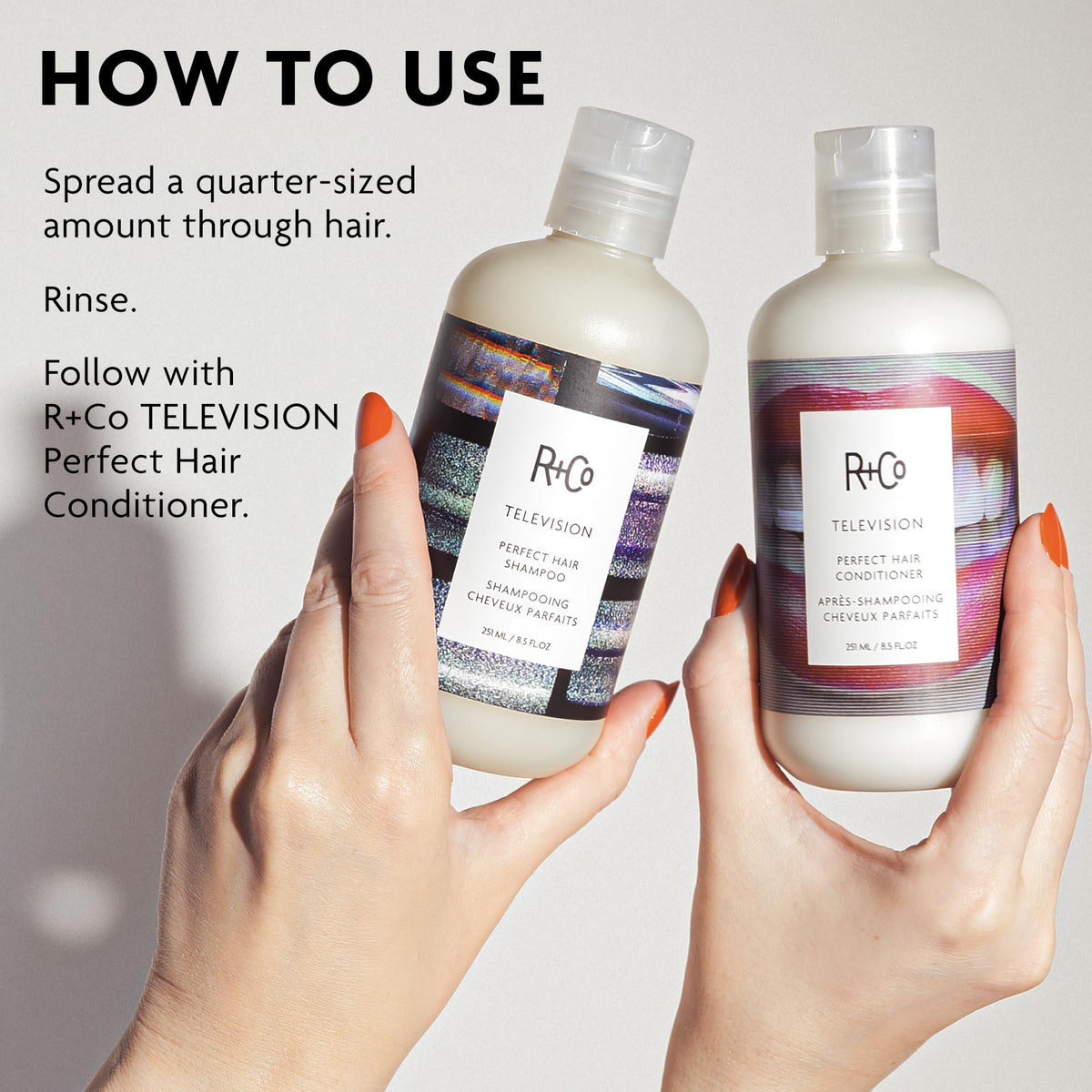 R+Co shampoo and conditioner duo arranged together for optimal routine benefit