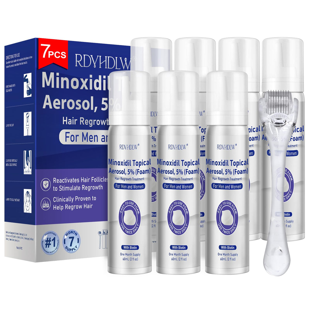 RDVHDLW front packaging showing seven 5% minoxidil foam bottles and benefits