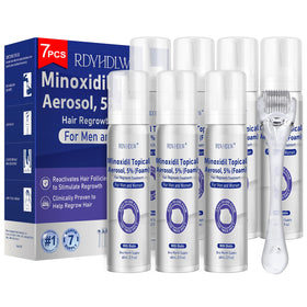RDVHDLW front packaging showing seven 5% minoxidil foam bottles and benefits